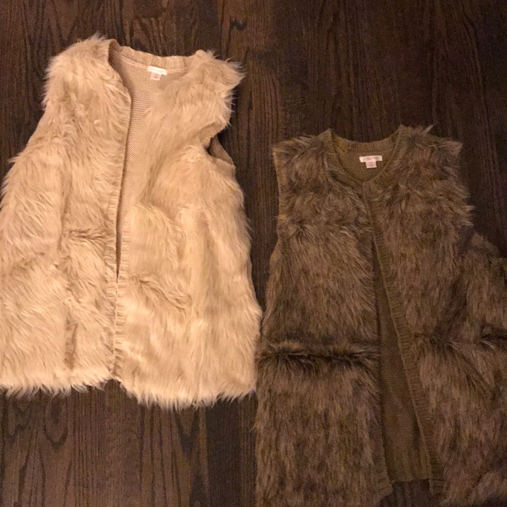 TWO faux fur vests - cream and tan - size small